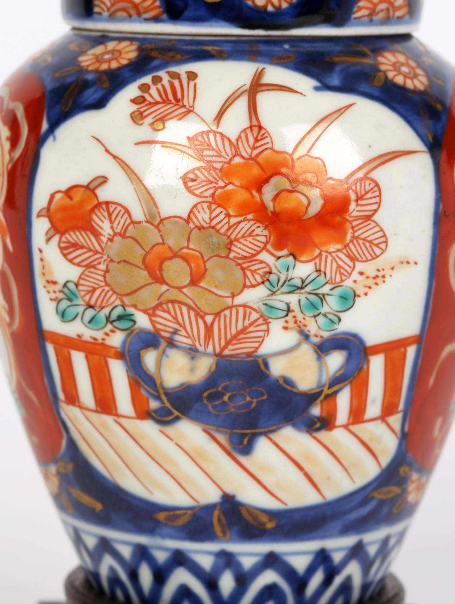 Japanese Meiji Imari Hand Painted Porcelain Lidded Tea Caddy with Stand 5