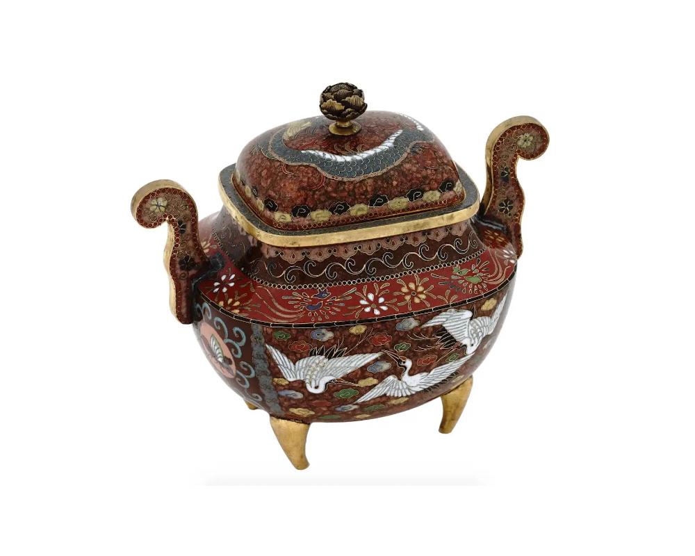 Cloissoné Antique Meiji Japanese Cloisonne Gold Stone Enamel Covered Jar with Dragon and C For Sale