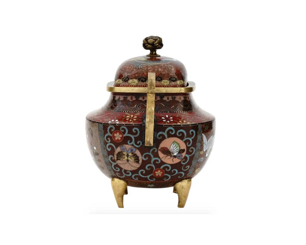 Brass Antique Meiji Japanese Cloisonne Gold Stone Enamel Covered Jar with Dragon and C For Sale