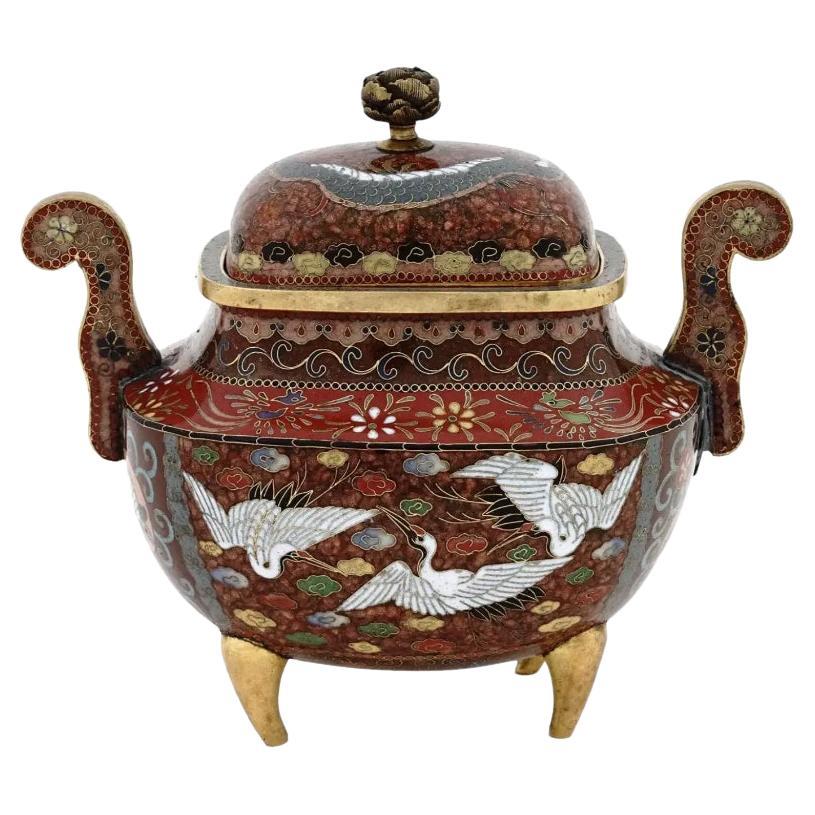 Antique Meiji Japanese Cloisonne Gold Stone Enamel Covered Jar with Dragon and C For Sale