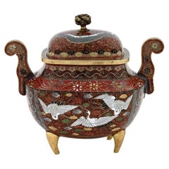 Retro Meiji Japanese Cloisonne Gold Stone Enamel Covered Jar with Dragon and C