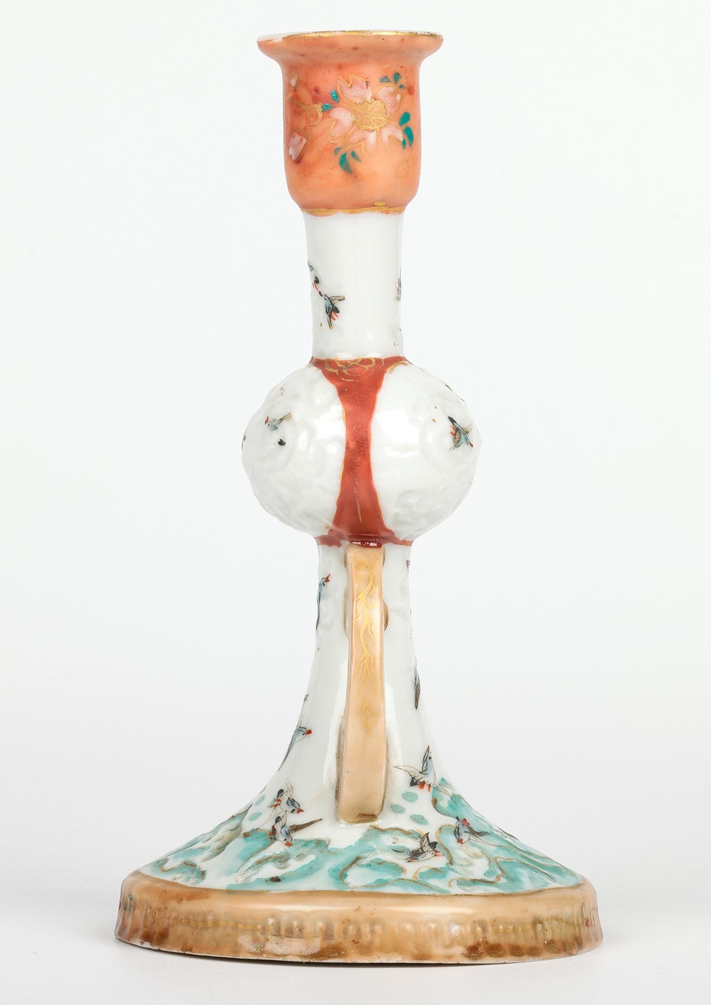 Japanese Meiji Kutani Porcelain Candlestick Painted with Sea Birds For Sale 8