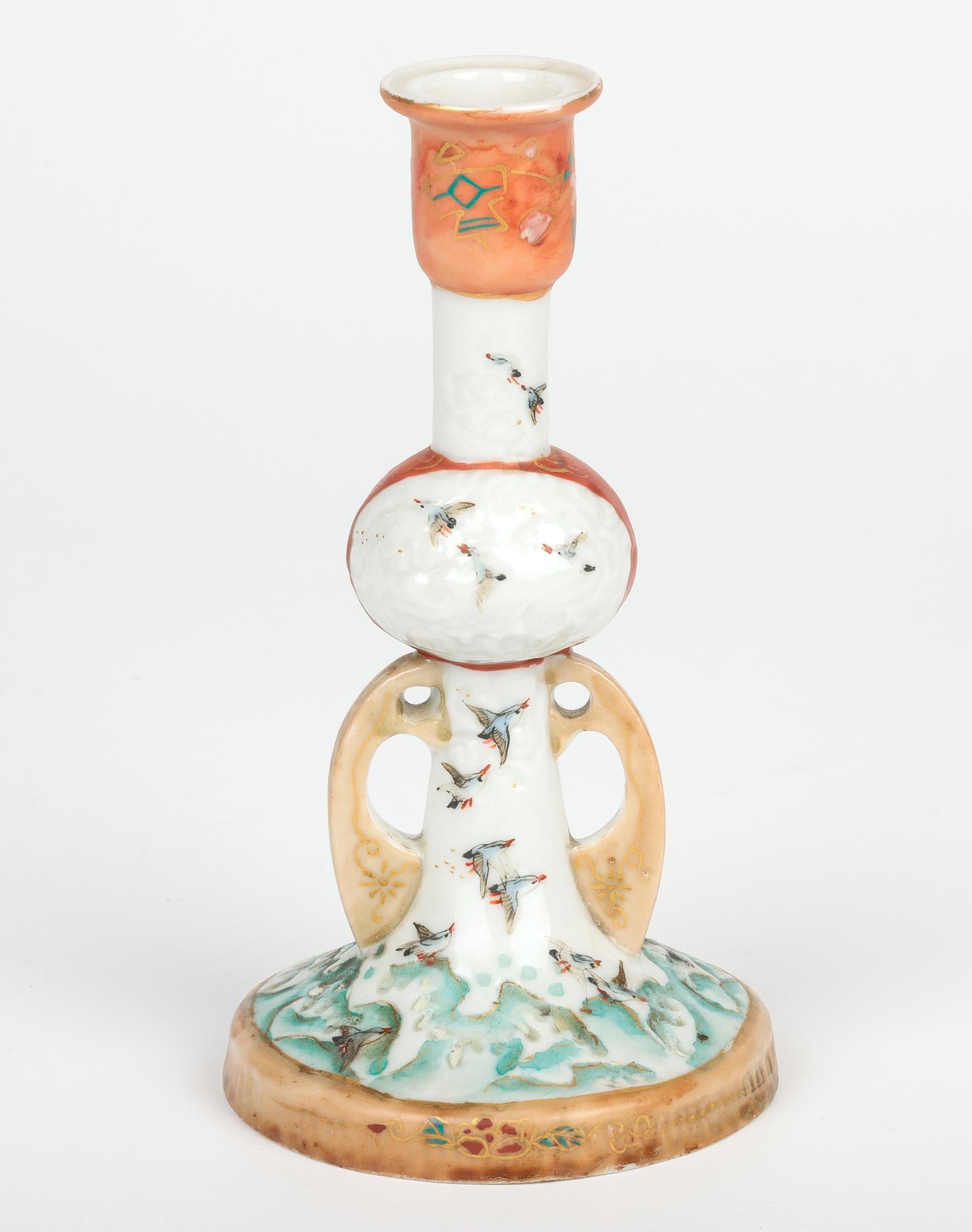 Japanese Meiji Kutani Porcelain Candlestick Painted with Sea Birds For Sale 11