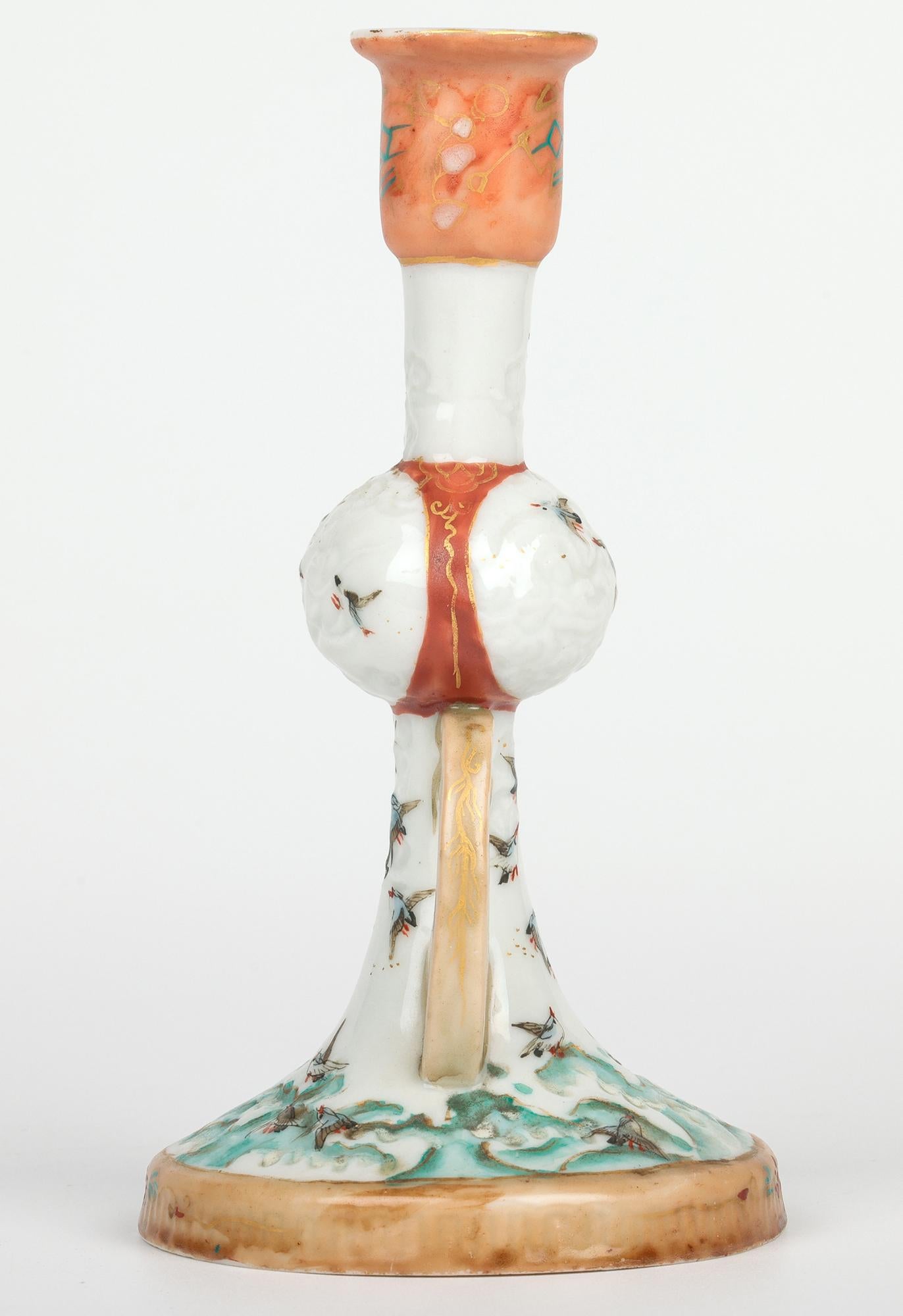 Japanese Meiji Kutani Porcelain Candlestick Painted with Sea Birds For Sale 14