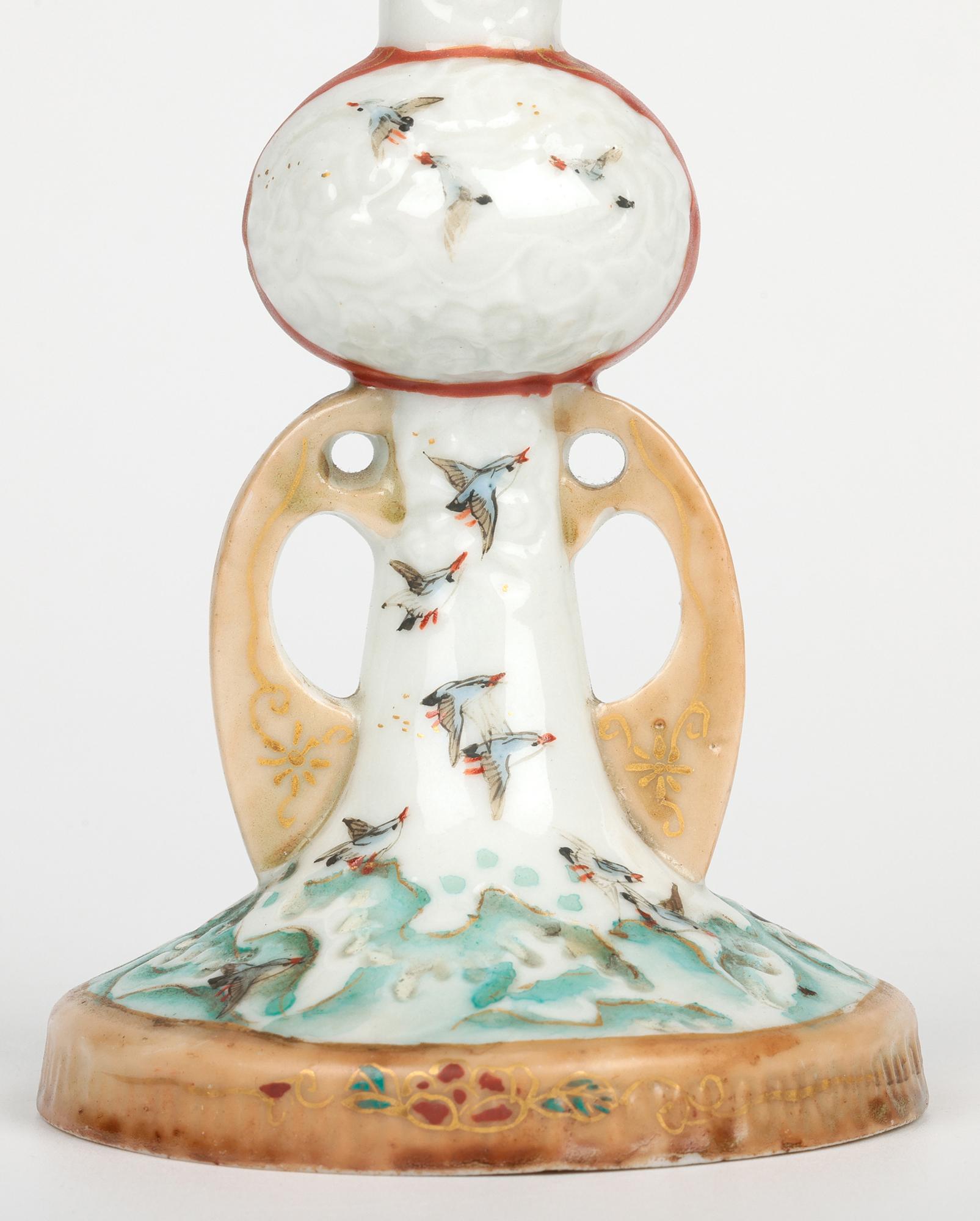 Gilt Japanese Meiji Kutani Porcelain Candlestick Painted with Sea Birds For Sale