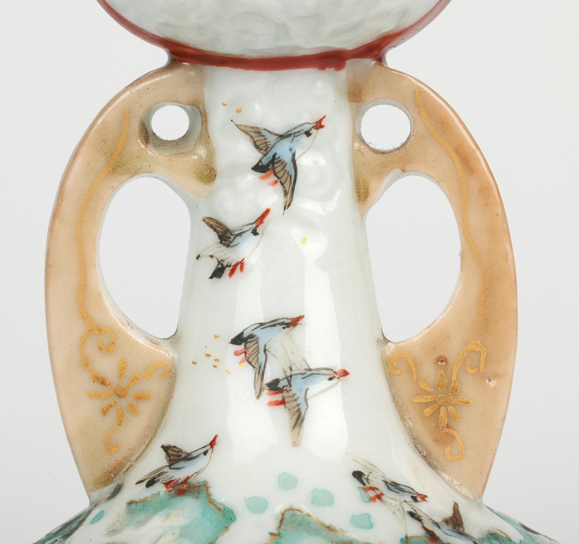 Late 19th Century Japanese Meiji Kutani Porcelain Candlestick Painted with Sea Birds For Sale