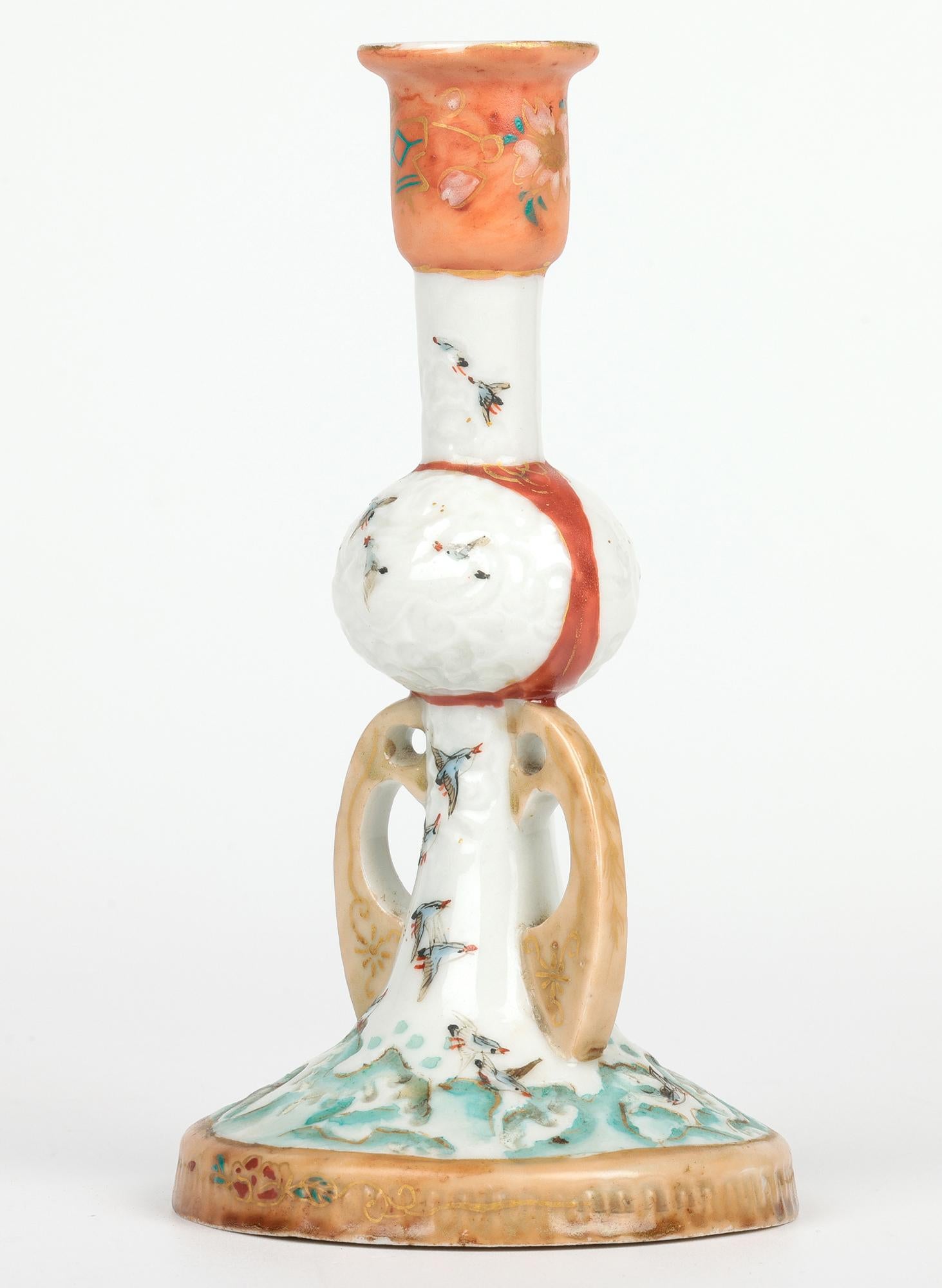 Japanese Meiji Kutani Porcelain Candlestick Painted with Sea Birds For Sale 3
