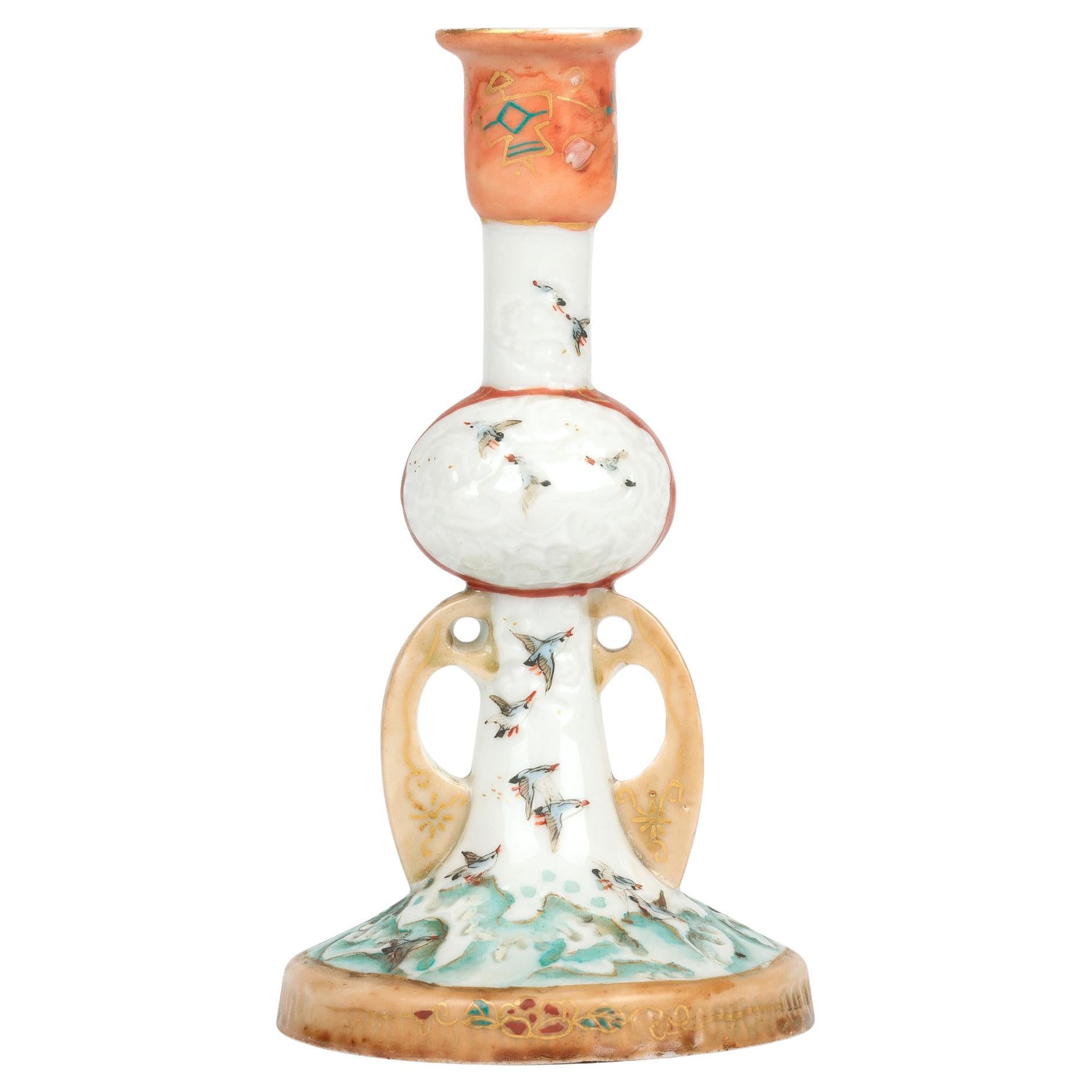 Japanese Meiji Kutani Porcelain Candlestick Painted with Sea Birds