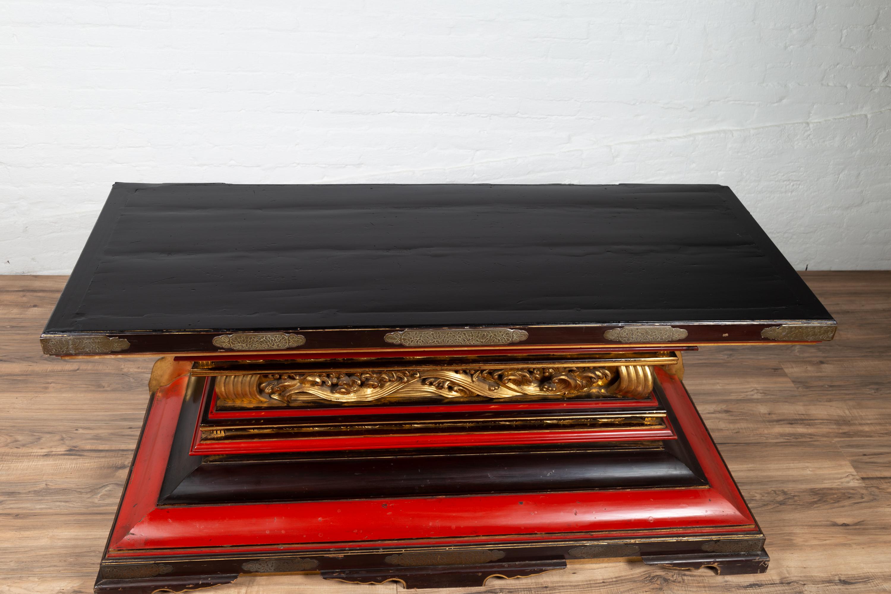 Japanese Meiji Lacquered Altar Shrine Table Base with Gold, Red and Black Motifs 3