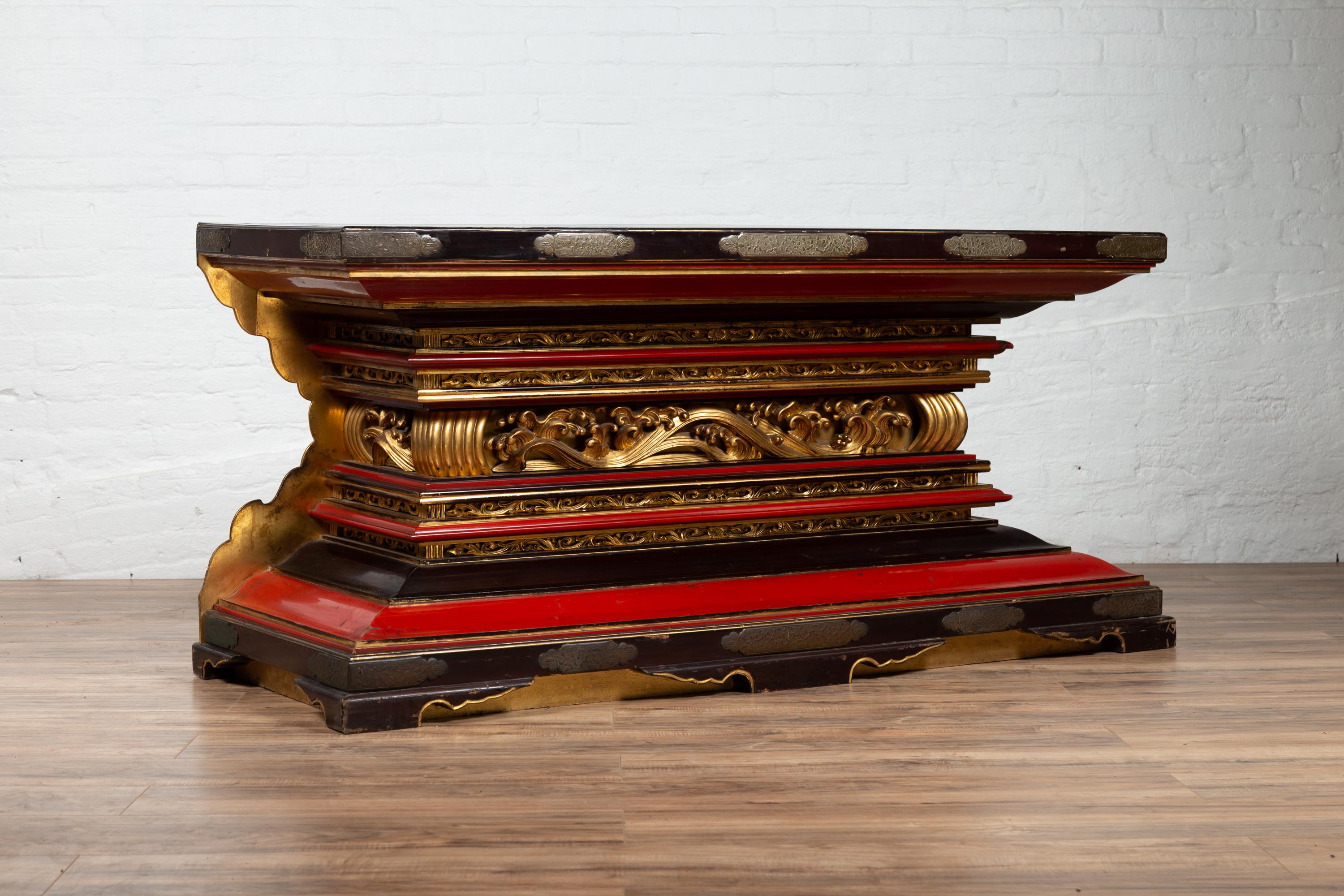 Japanese Meiji Lacquered Altar Shrine Table Base with Gold, Red and Black Motifs 4