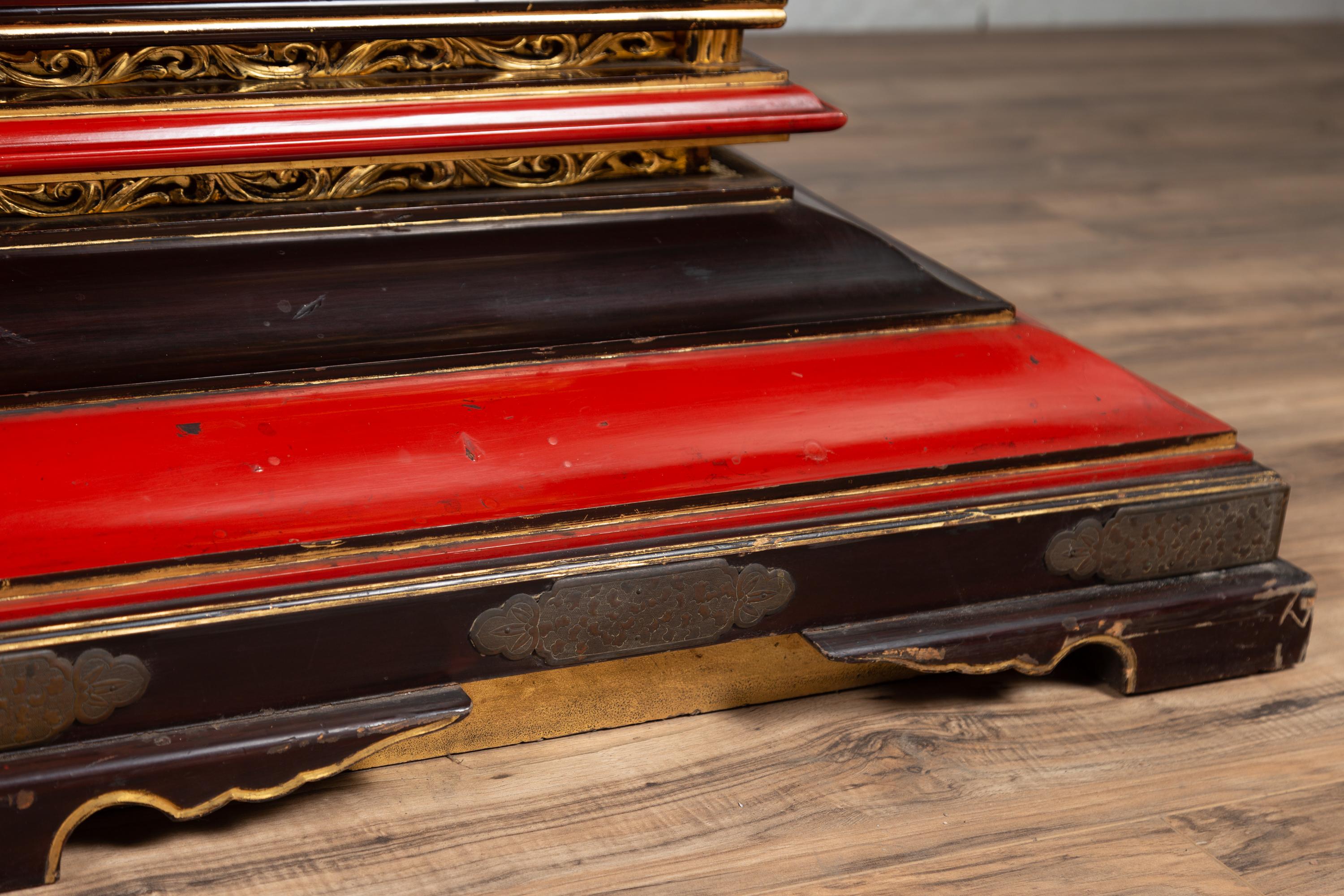 Wood Japanese Meiji Lacquered Altar Shrine Table Base with Gold, Red and Black Motifs