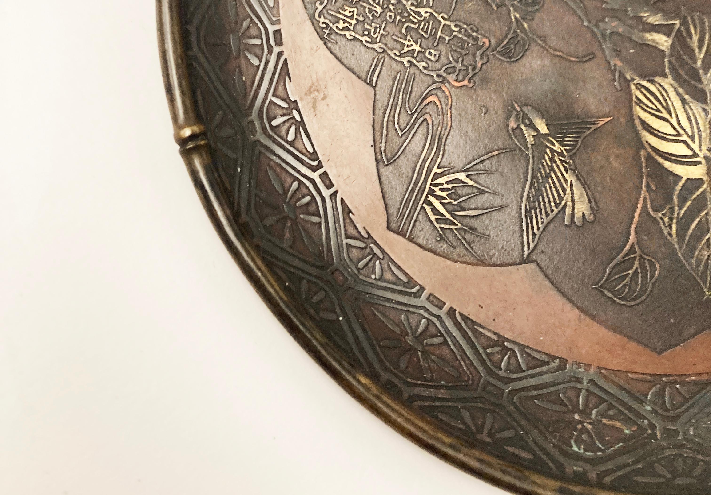 Hammered Japanese Meiji Mixed Metals Plate with Birds and Foliage For Sale