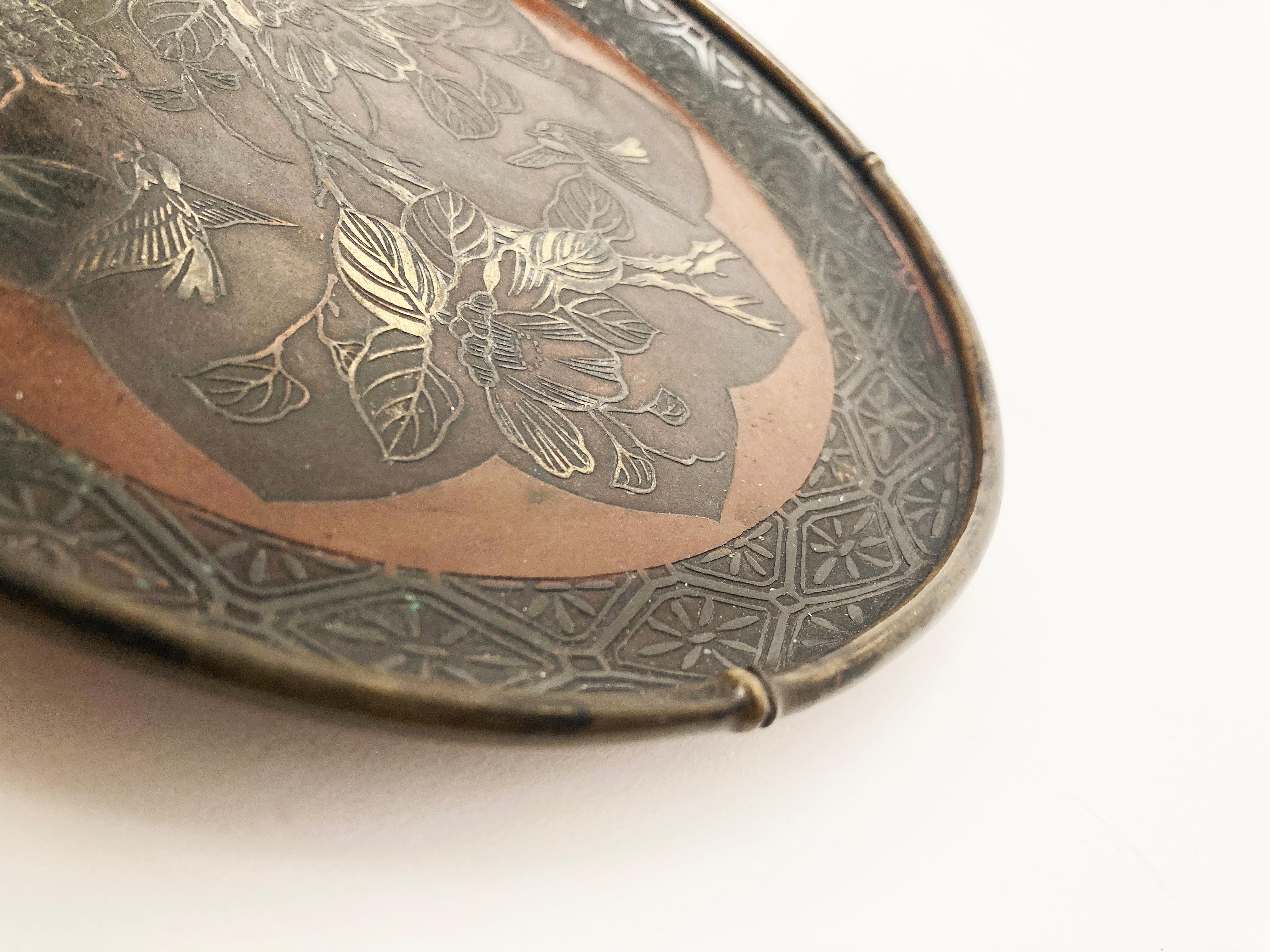 19th Century Japanese Meiji Mixed Metals Plate with Birds and Foliage For Sale