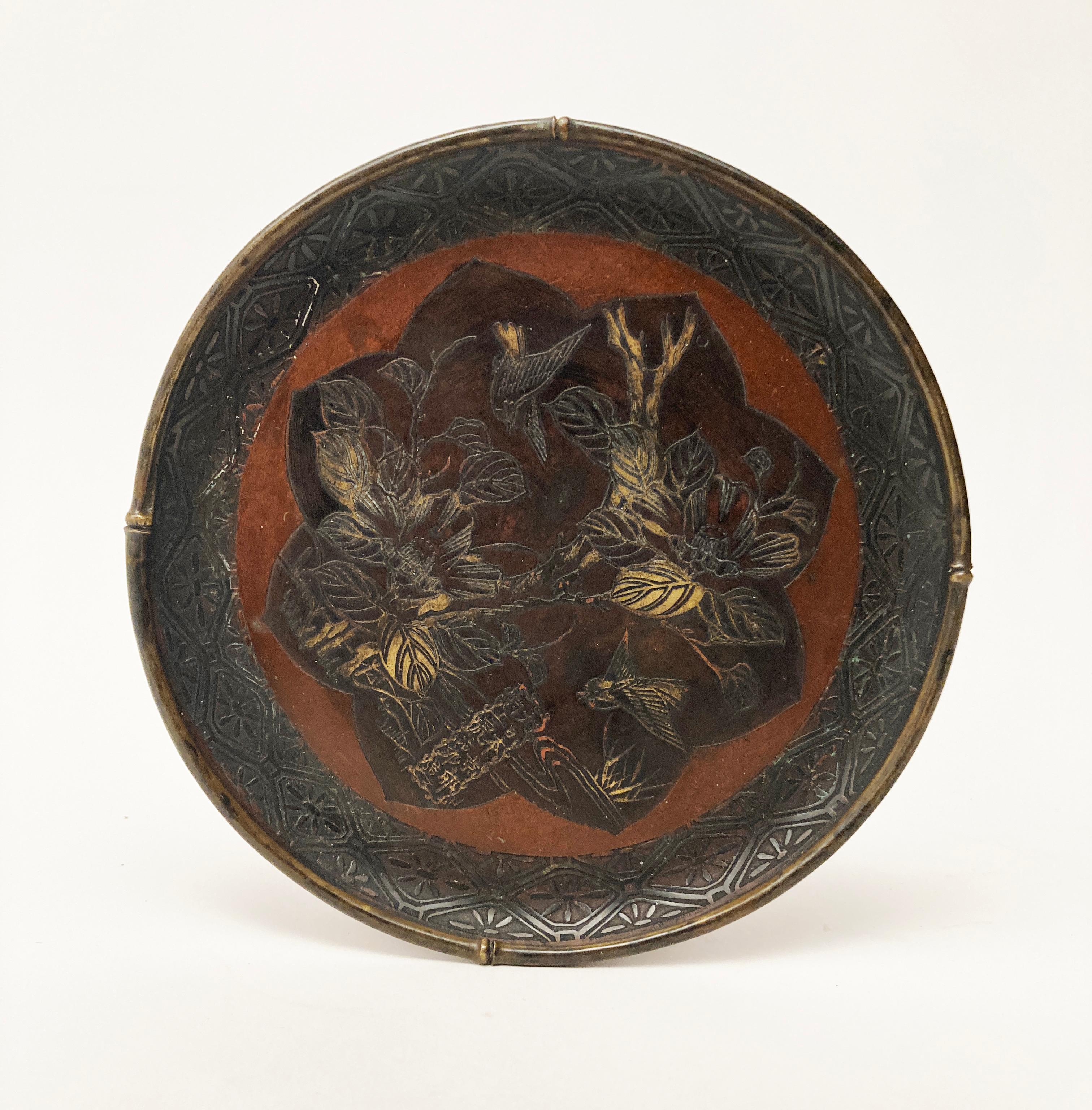 Japanese Meiji Mixed Metals Plate with Birds and Foliage For Sale 3