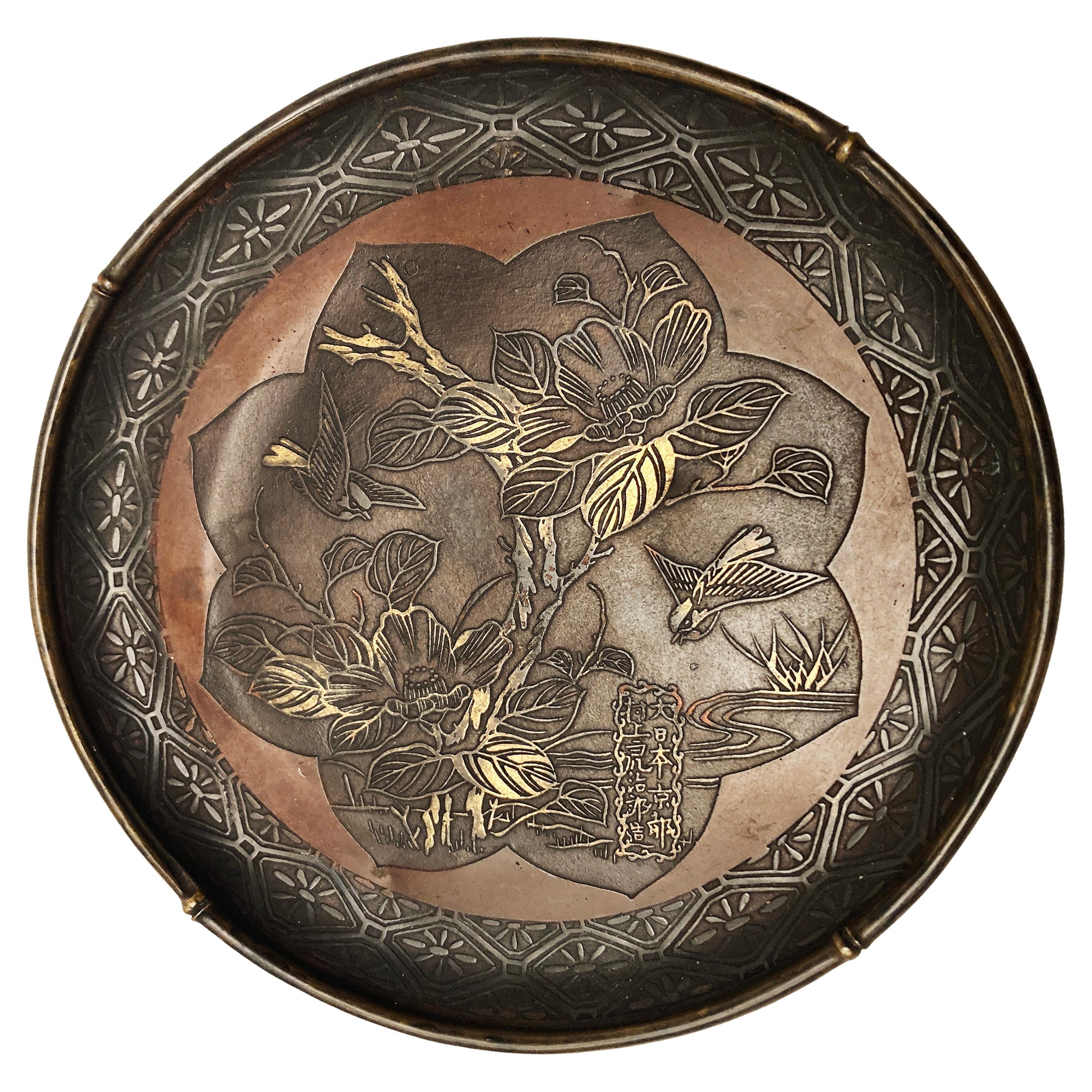 Japanese Meiji Mixed Metals Plate with Birds and Foliage For Sale