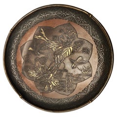 Japanese Meiji Mixed Metals Plate with Birds and Foliage
