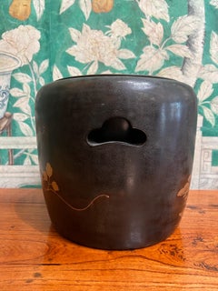 Japanese Meiji or Showa Era Lacquer Hibachi with Flowers and Brass Insert