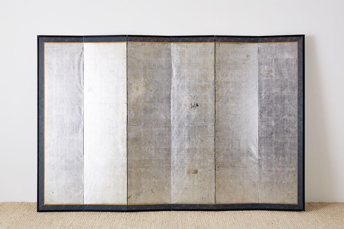 Japanese Meiji Six-Panel Silver Leaf Screen 10