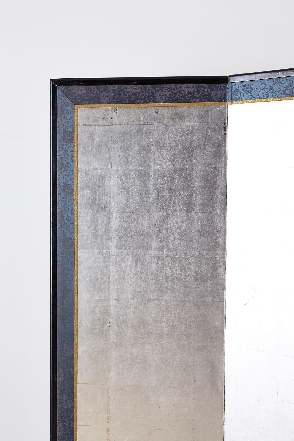 Ebonized Japanese Meiji Six-Panel Silver Leaf Screen