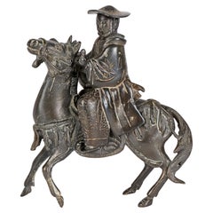 Figure de guerrier japonaise Meiji en bronze patiné à dos de cheval