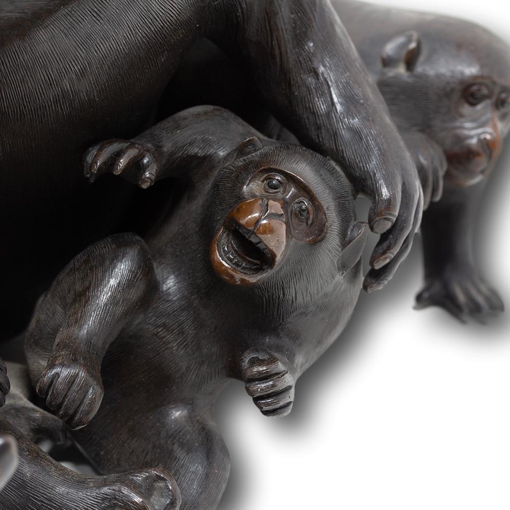 Japanese Meiji Period (1868-1912) Bronze Monkey Group Okimono by Shosai 8
