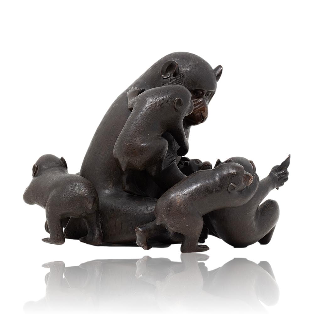 19th Century Japanese Meiji Period (1868-1912) Bronze Monkey Group Okimono by Shosai