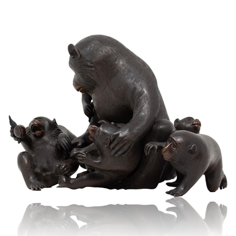 Japanese Meiji Period (1868-1912) Bronze Monkey Group Okimono by Shosai 4