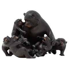 Japanese Meiji Period (1868-1912) Bronze Monkey Group Okimono by Shosai