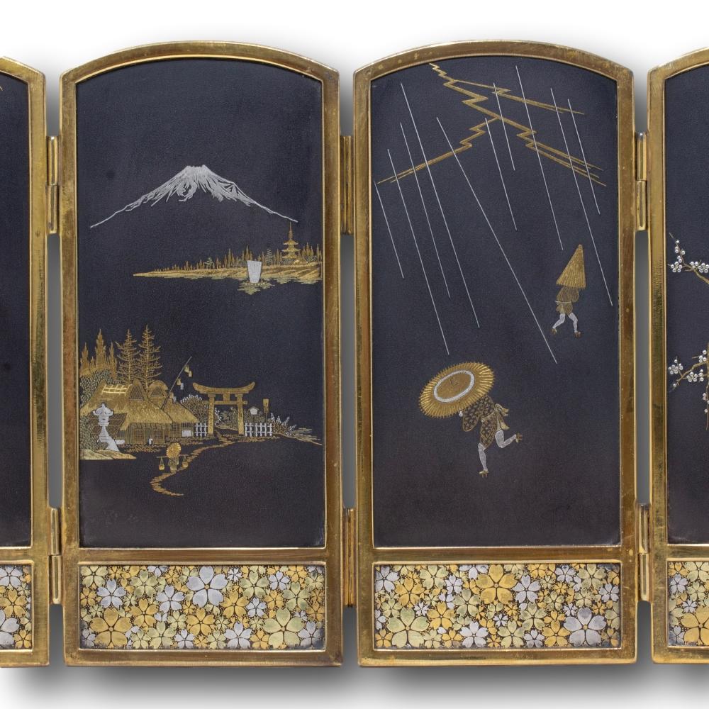 Gold Japanese Meiji period (1868-1912) Damascene Table Screen by Masamitsu