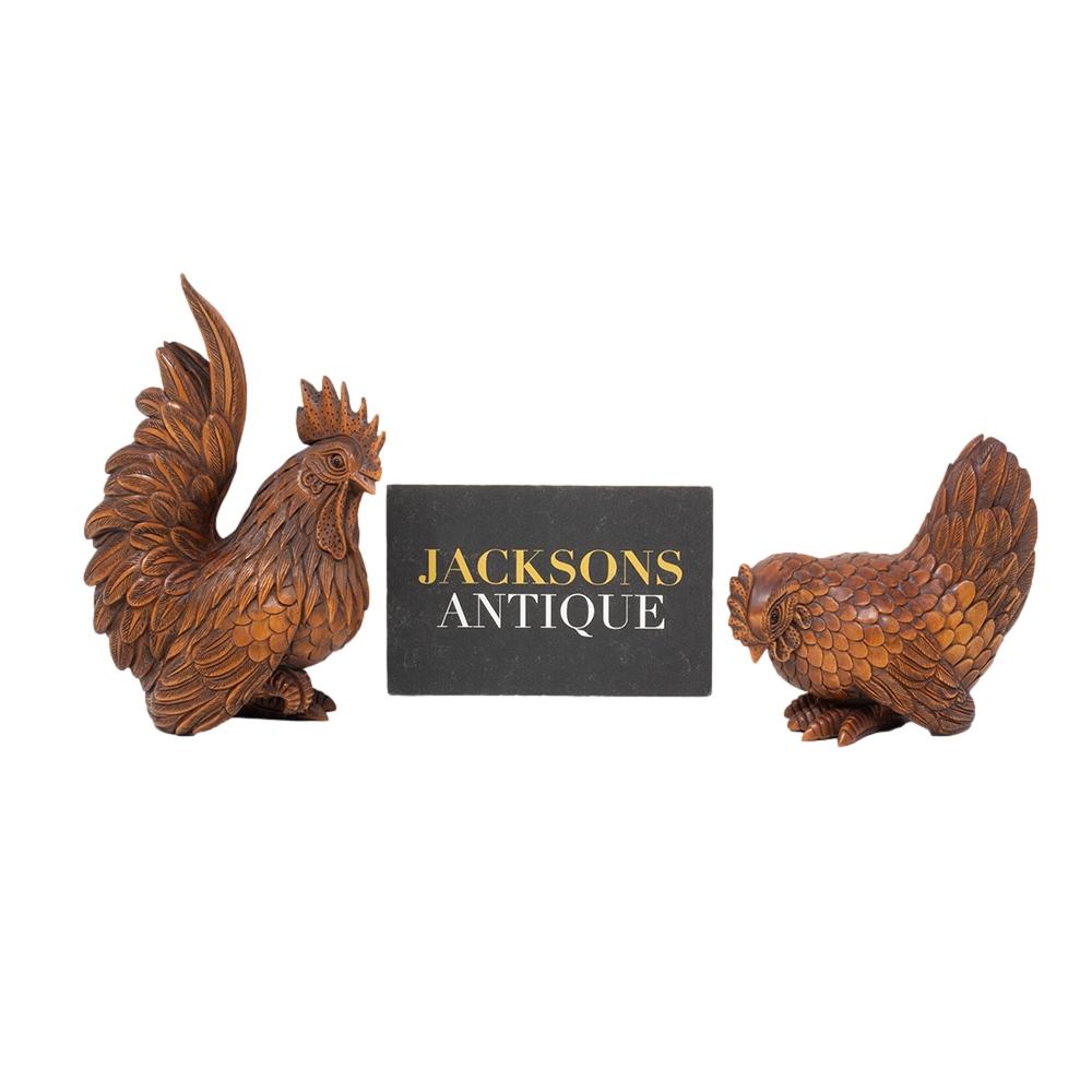 Japanese Meiji Period (1868-1912) Hand Carved Chicken and Rooster Okimono 12