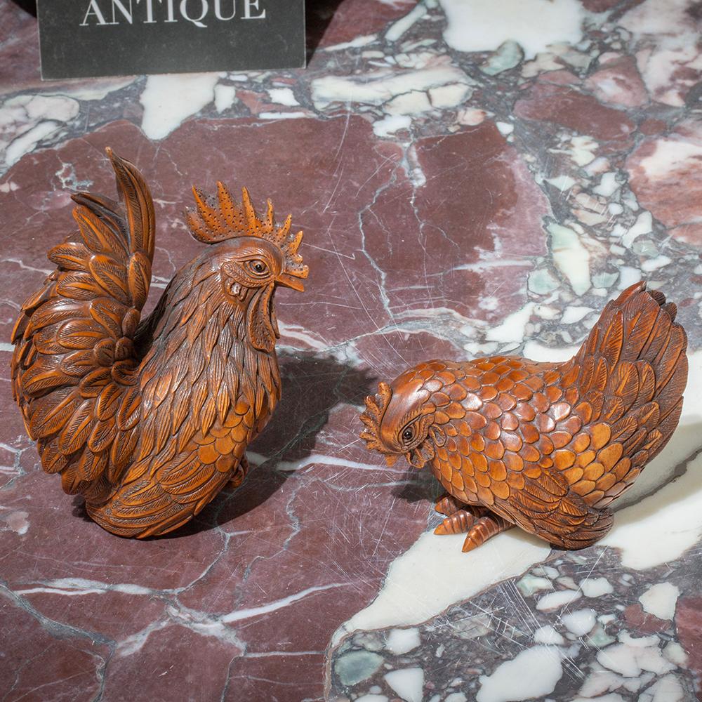 Japanese Meiji Period (1868-1912) Hand Carved Chicken and Rooster Okimono 13