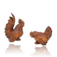 Japanese Meiji Period (1868-1912) Hand Carved Chicken and Rooster Okimono