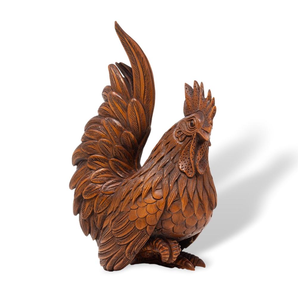 Hand-Carved Japanese Meiji Period (1868-1912) Hand Carved Chicken and Rooster Okimono