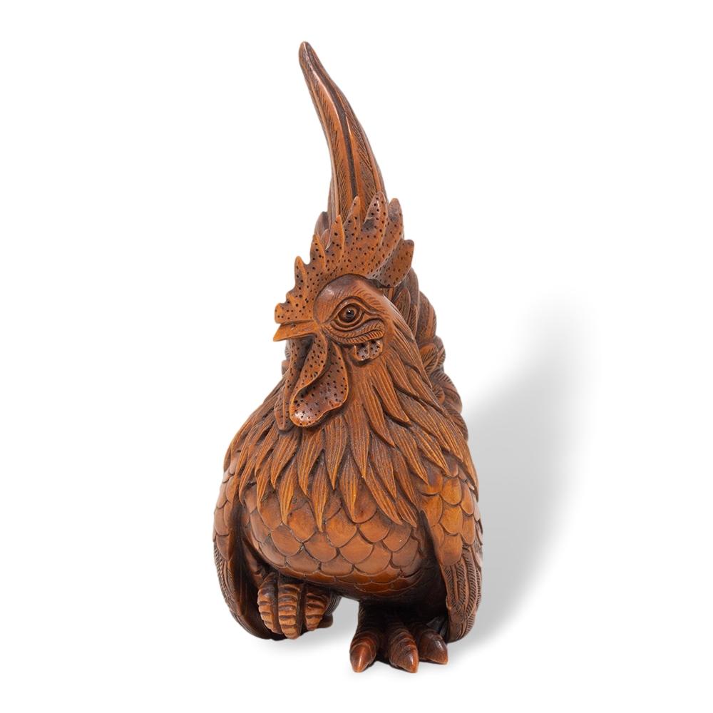 Japanese Meiji Period (1868-1912) Hand Carved Chicken and Rooster Okimono In Good Condition In Newark, England