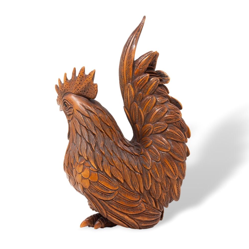 20th Century Japanese Meiji Period (1868-1912) Hand Carved Chicken and Rooster Okimono