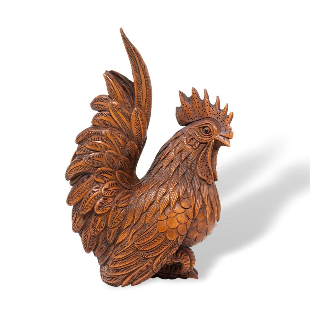 Japanese Meiji Period (1868-1912) Hand Carved Chicken and Rooster Okimono 1