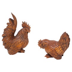 Japanese Meiji Period (1868-1912) Hand Carved Chicken and Rooster Okimono