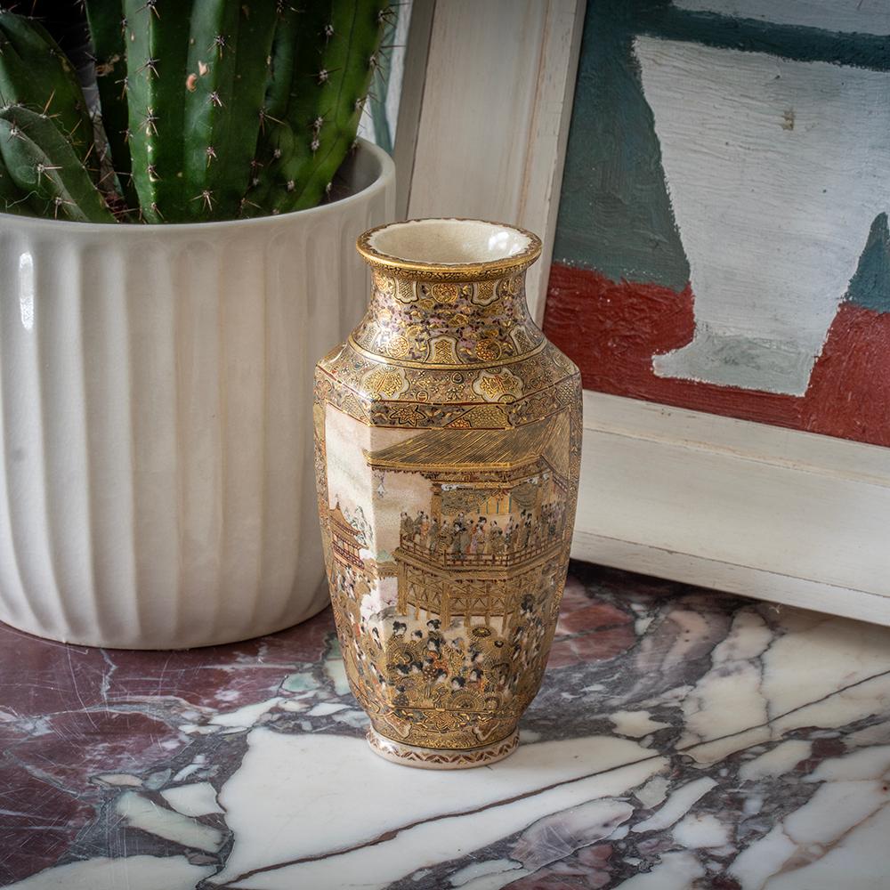 Meiji Period (1868-1912) 

From our Japanese collection, we are delighted to offer Japanese Meiji Period Satsuma Vases. The Satsuma Vase of hexagonal form with a slight waisted neck and tight rounded rim is extensively decorated with multiple