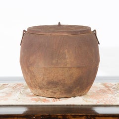 Japanese Meiji Period 1900s Distressed Iron Cooking Pot with Foliage Motifs