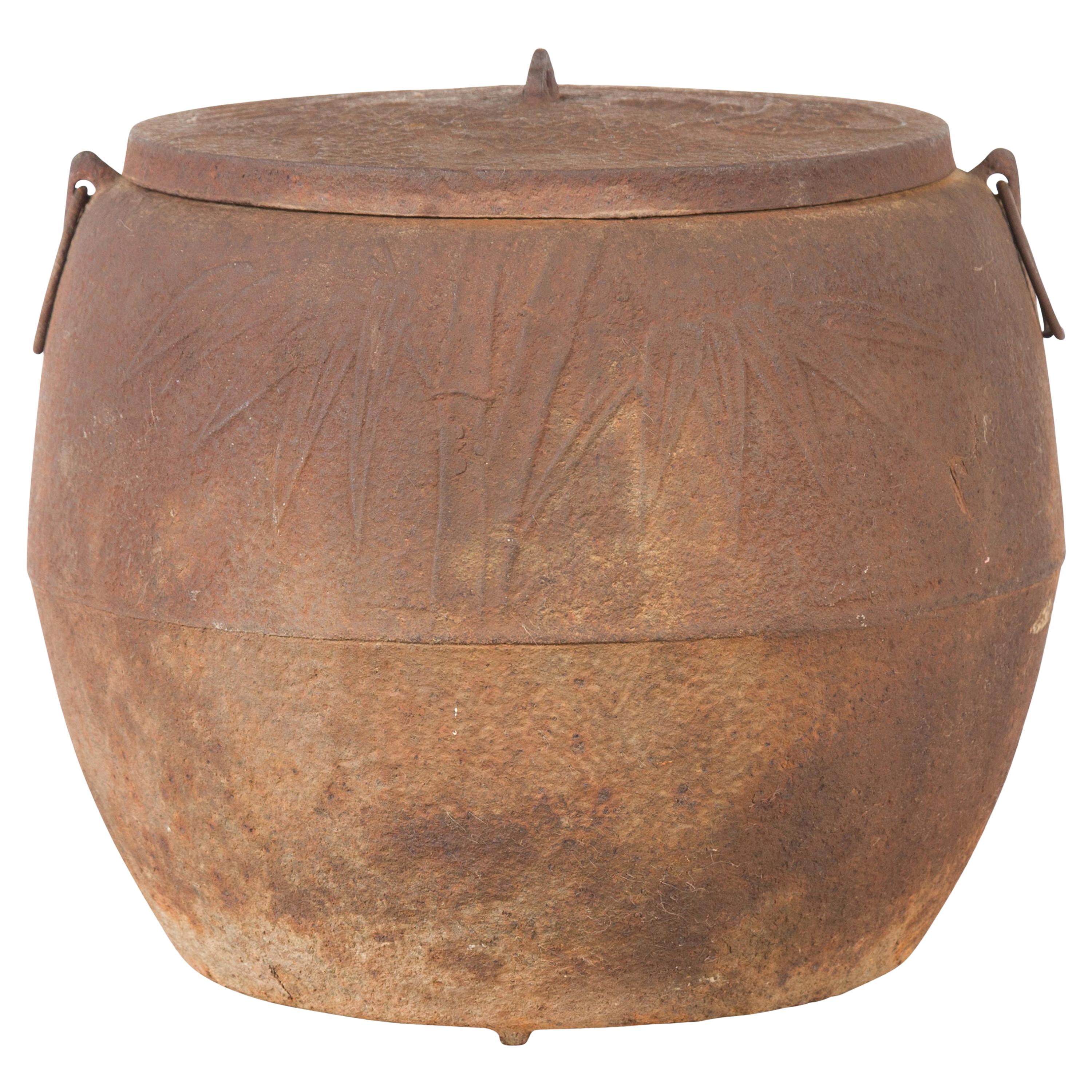 Pot de cuisine japonais en fer vieilli de la période Meiji des années 1900 avec motifs de feuillage