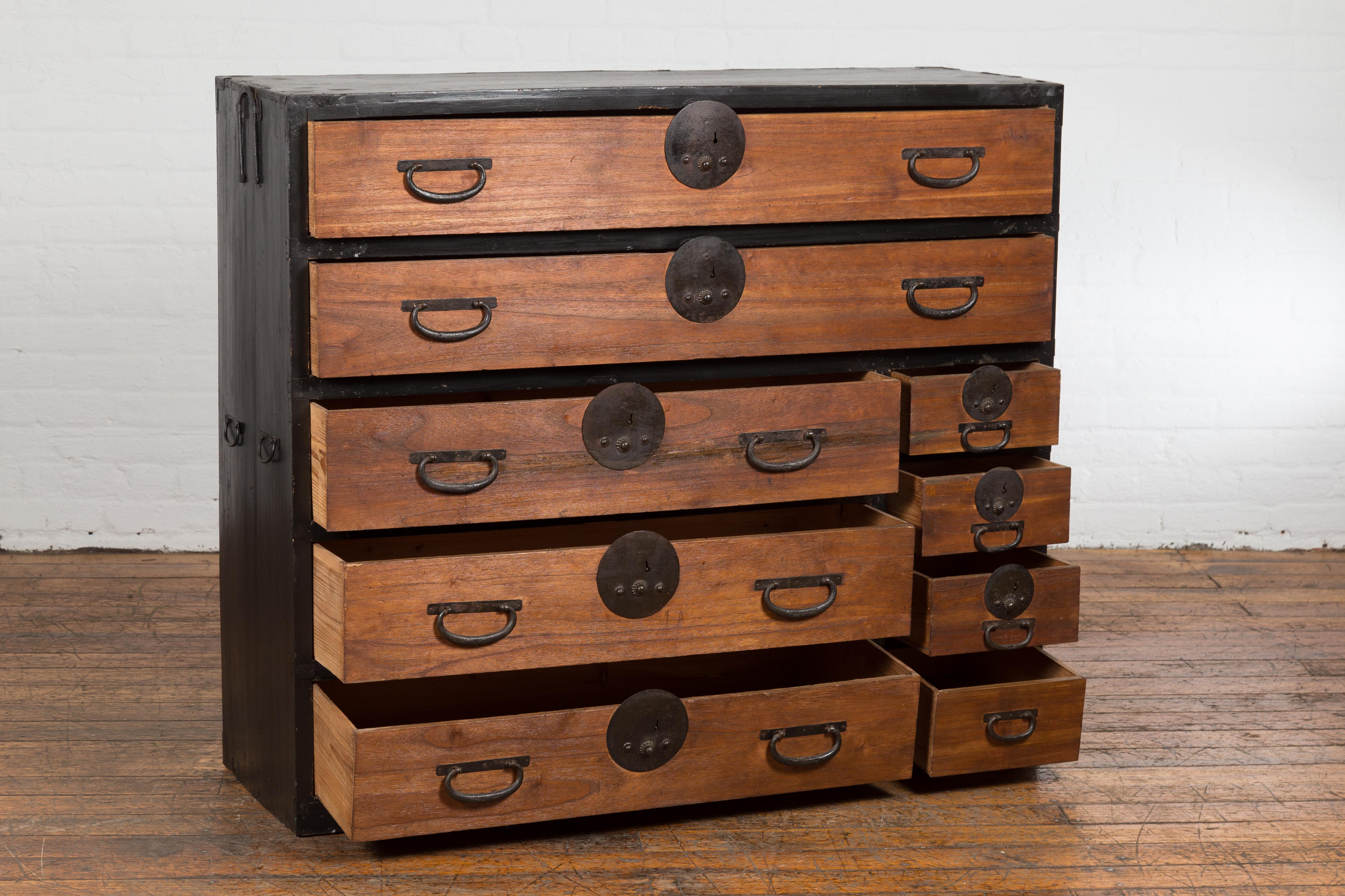 Japanese Meiji Period 19th Century Black and Brown Tansu Chest with Nine Drawers 8