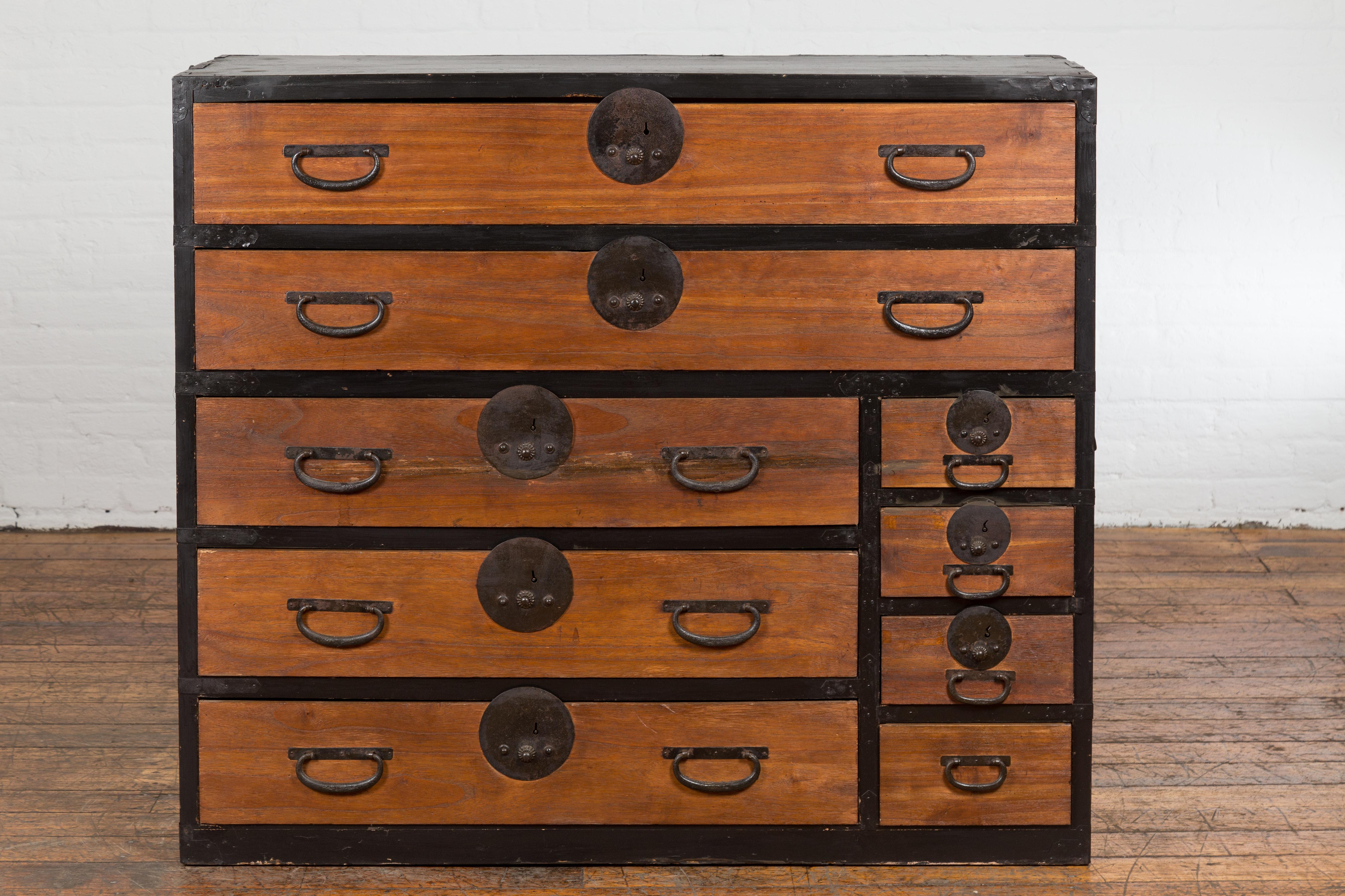 Iron Japanese Meiji Period 19th Century Black and Brown Tansu Chest with Nine Drawers