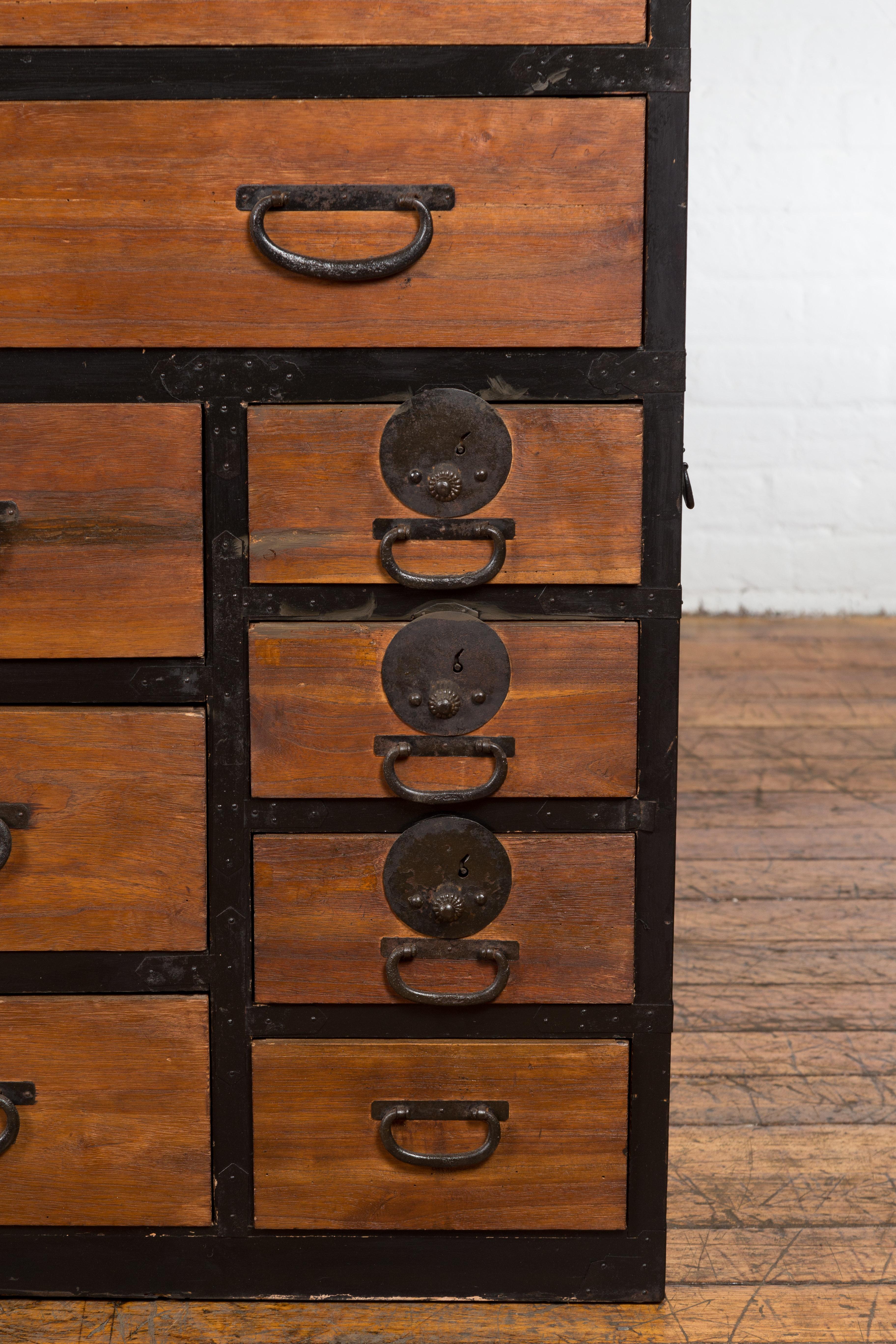 Japanese Meiji Period 19th Century Black and Brown Tansu Chest with Nine Drawers 5