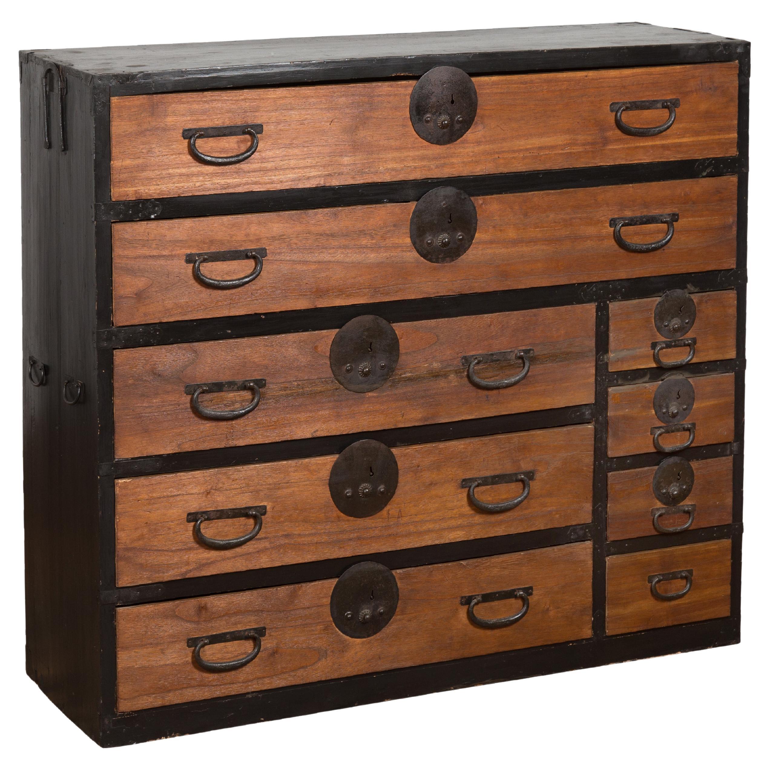 Japanese Meiji Period 19th Century Black and Brown Tansu Chest with Nine Drawers