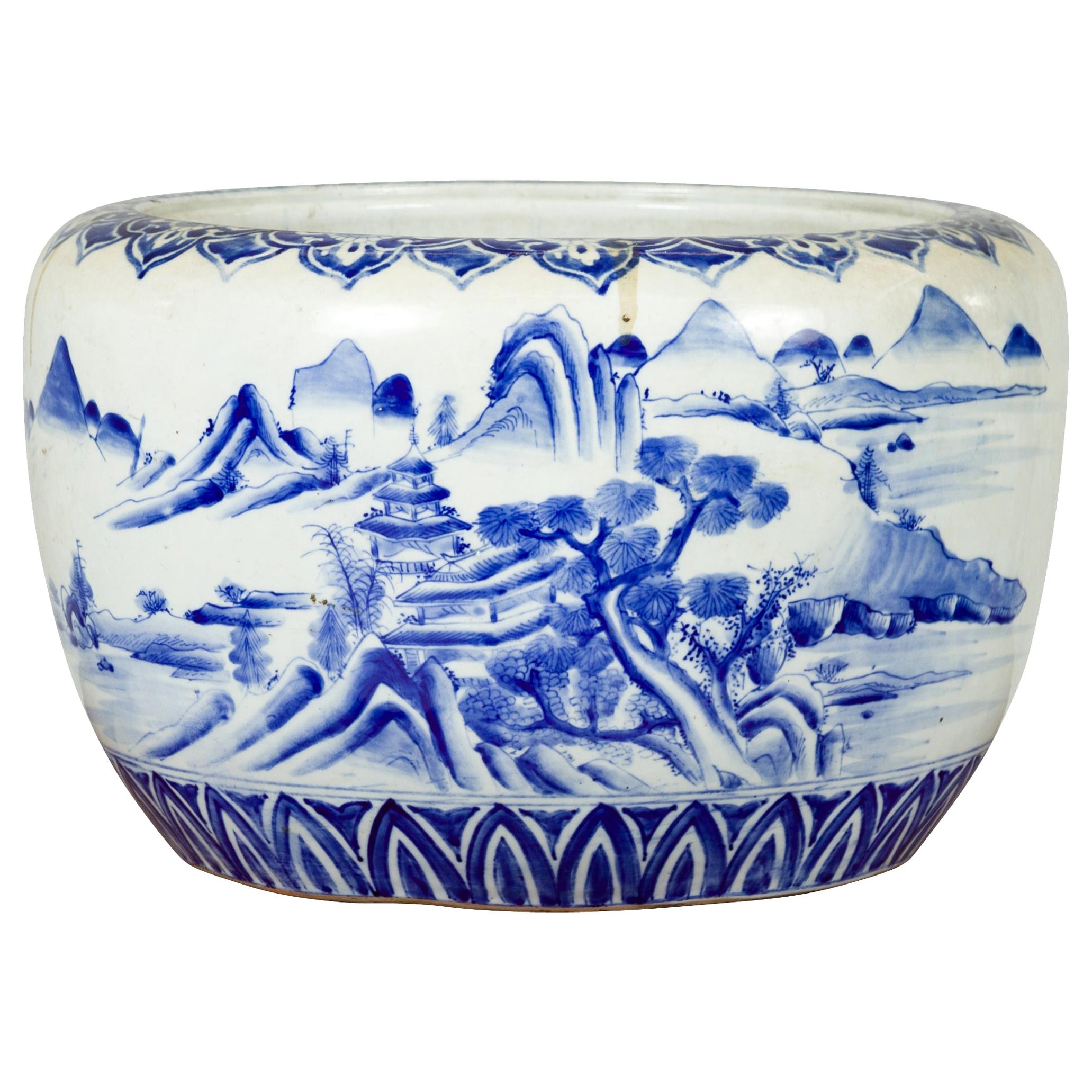 Jardinière ronde en porcelaine bleue et blanche de la période japonaise Meiji du 19ème siècle