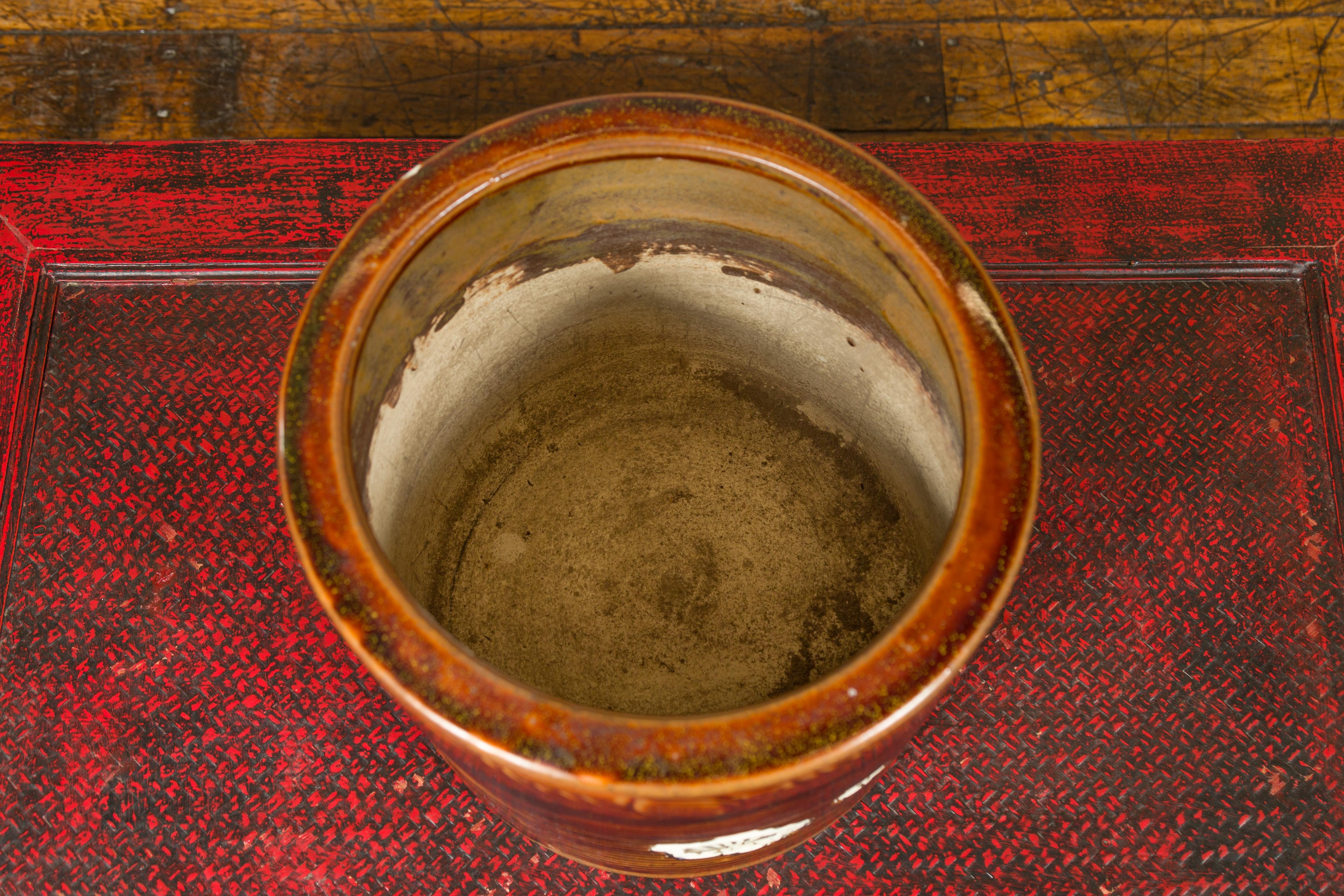 Ceramic Japanese Meiji Period 19th Century Hibachi Planter with Burnt Patina and Flower