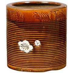 Japanischer Hibachi-Pflanzgefäß aus der japanischen Meiji-Periode des 19. Jahrhunderts mit gebrannter Patina und Blume