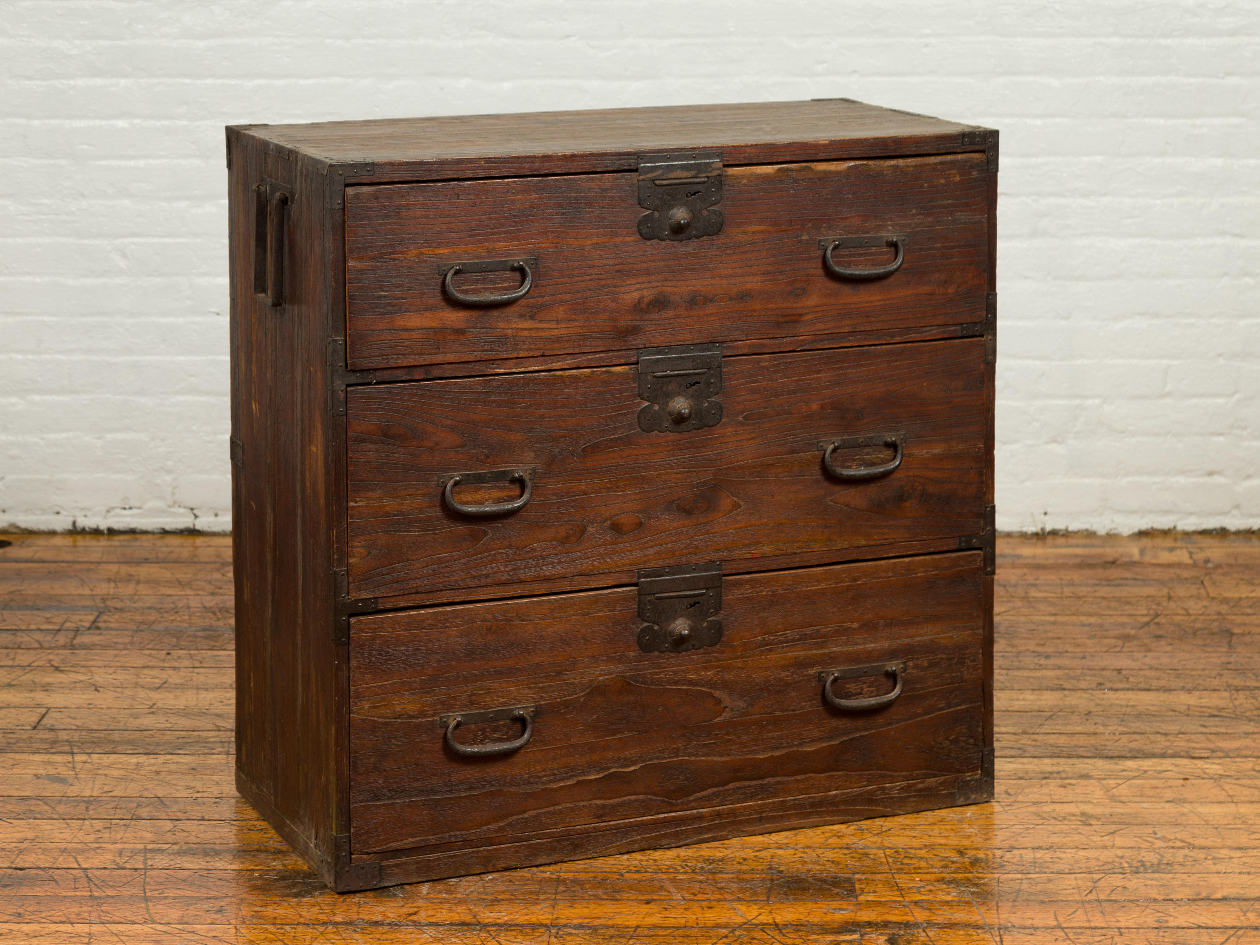 Japanese Meiji Period 19th Century Keyaki Wood Tansu Three-Drawer Clothing Chest 1