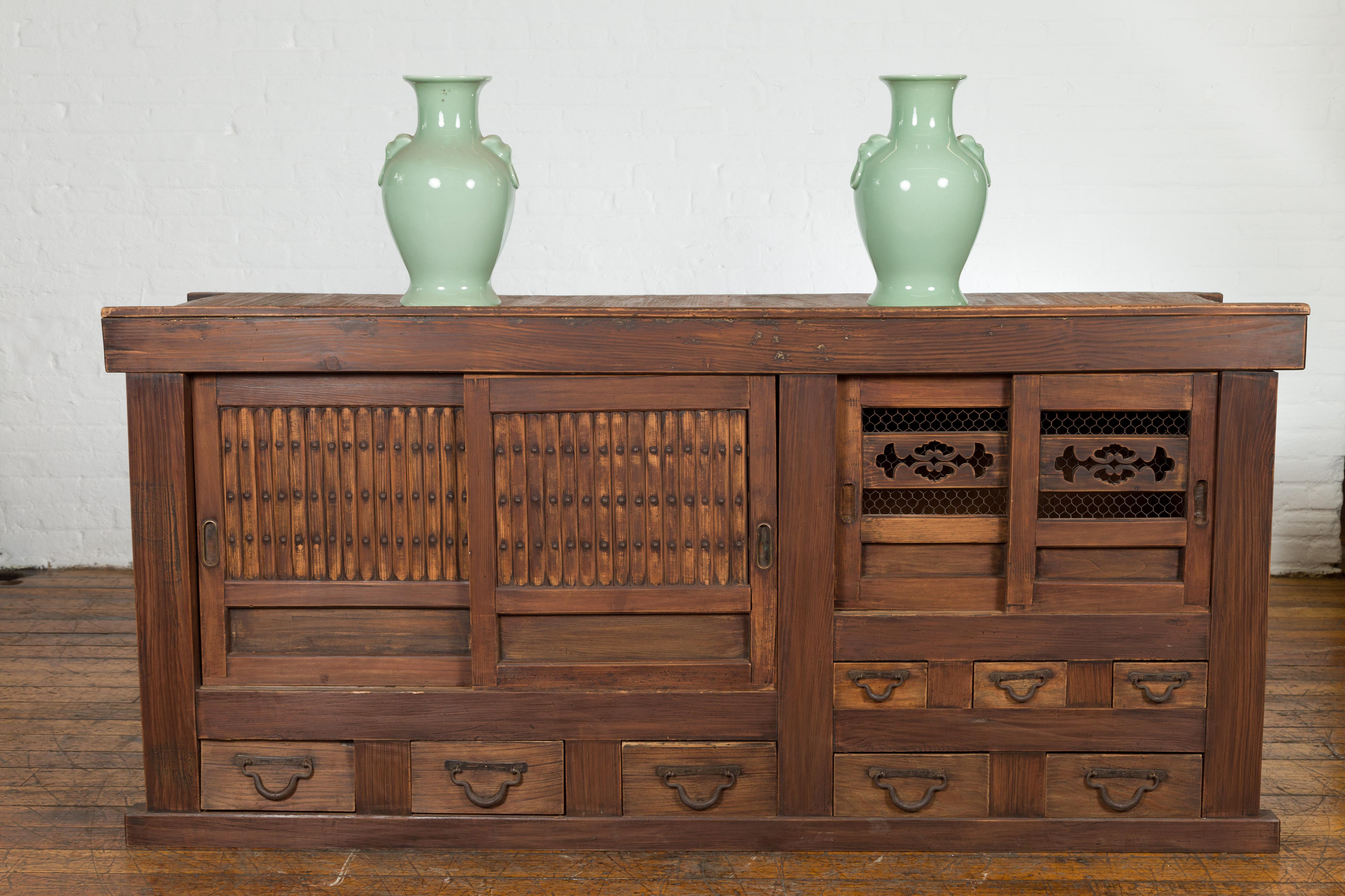 Carved Japanese Meiji Period 19th Century Mizuya Kitchen Cabinet with Doors and Drawers