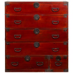 Japanese Meiji Period 19th Century Red Lacquer Tansu Chest with Iron Hardware